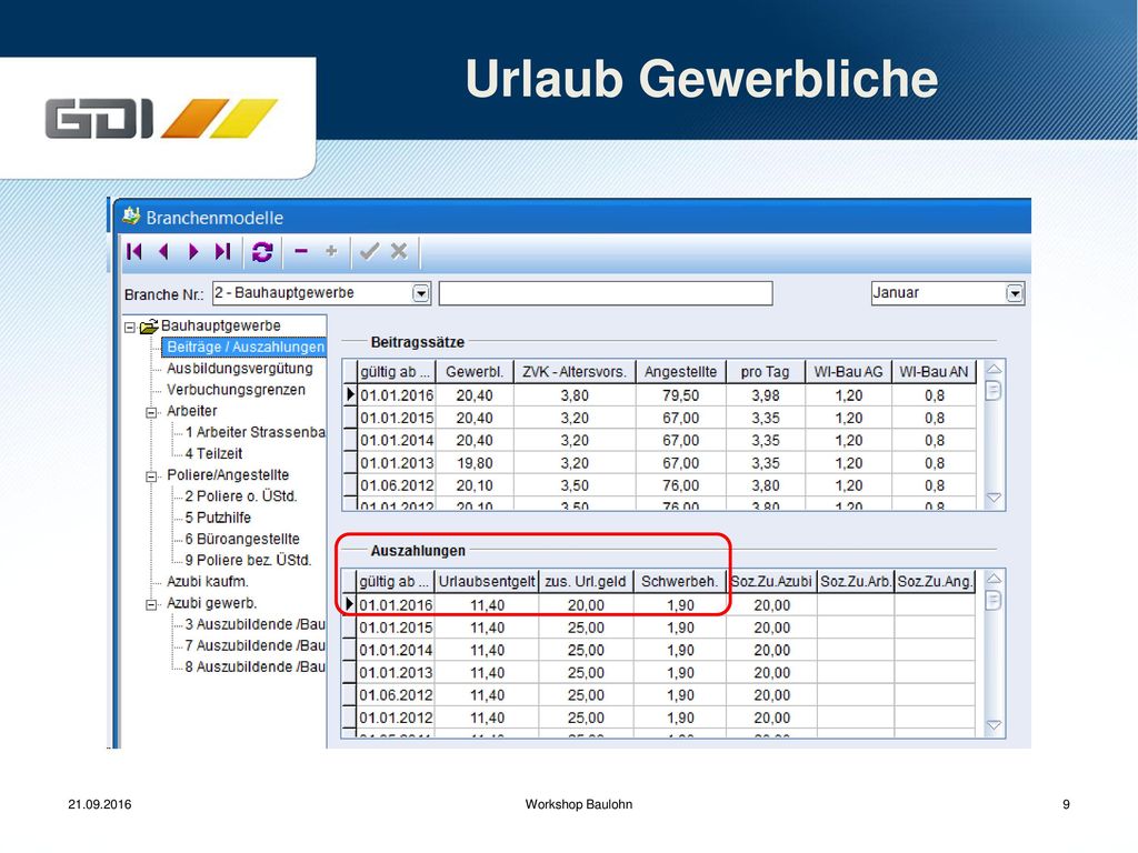 Urlaub Gewerbliche Berechnung von Urlaubsgeld und zusätzlichem Urlaubsgeld für gewerbliche Mitarbeiter.