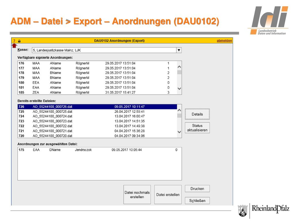 ADM – Datei > Export – Anordnungen (DAU0102)