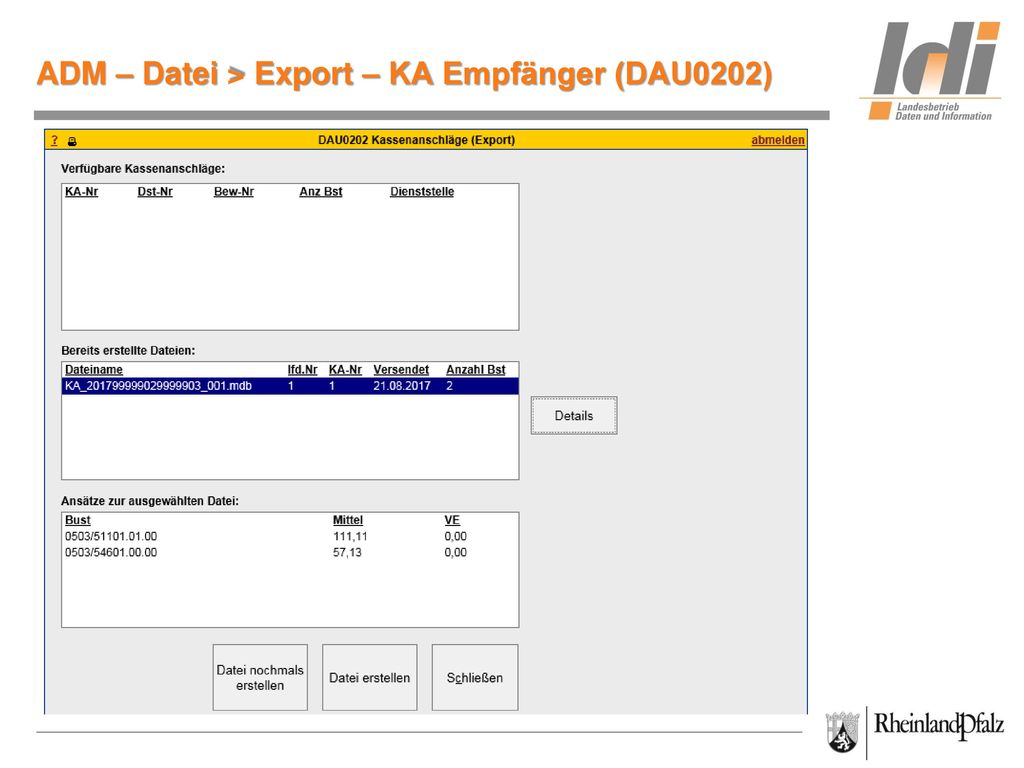 ADM – Datei > Export – KA Empfänger (DAU0202)