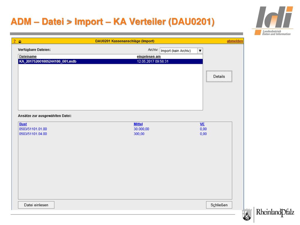 ADM – Datei > Import – KA Verteiler (DAU0201)