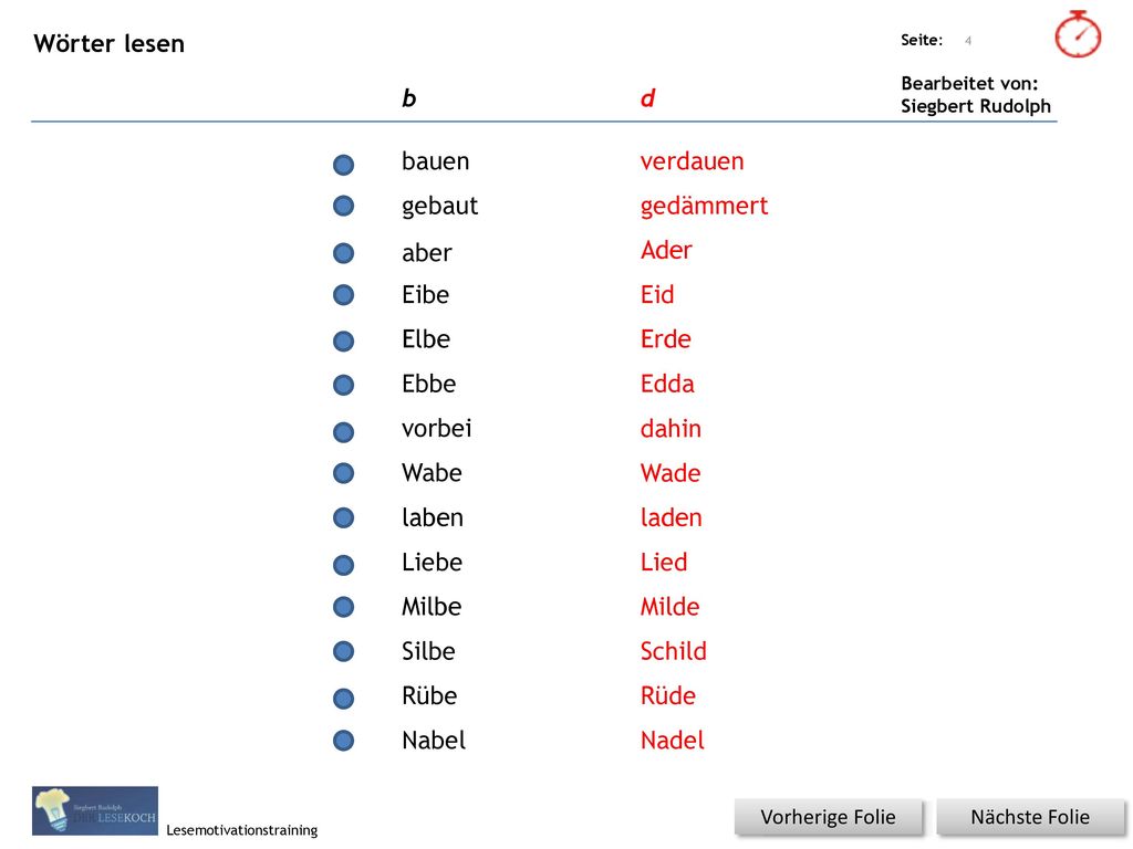 Wörter lesen b d bauen verdauen gebaut gedämmert aber Ader Eibe Eid