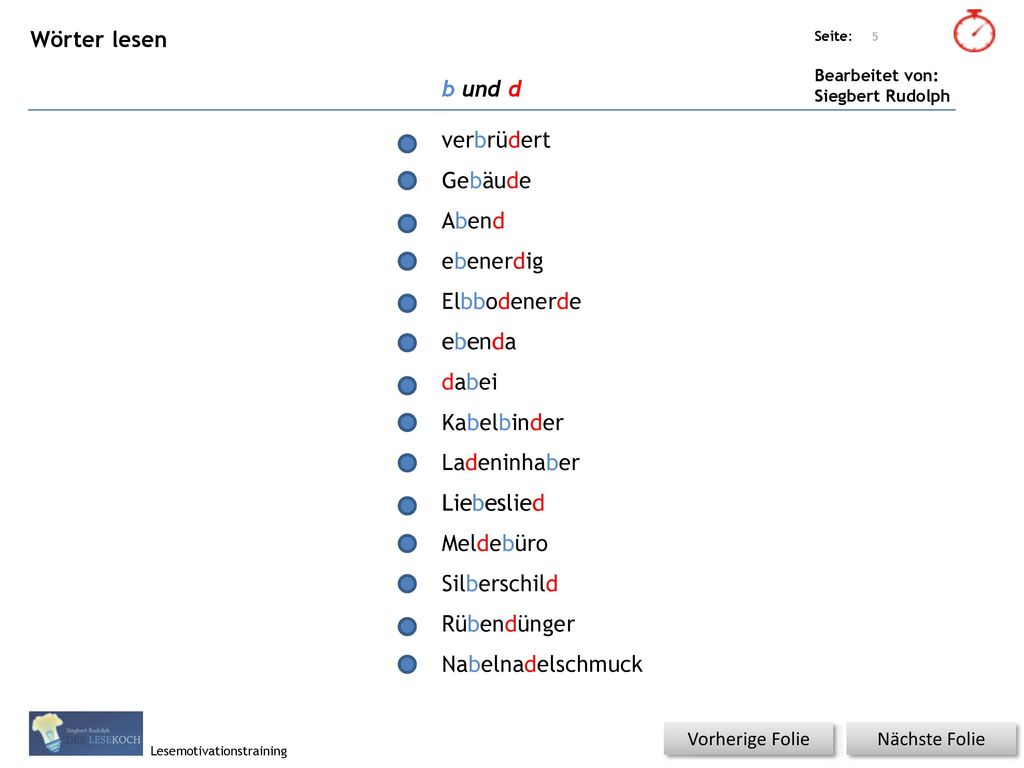 Wörter lesen b und d verbrüdert Gebäude Abend ebenerdig Elbbodenerde