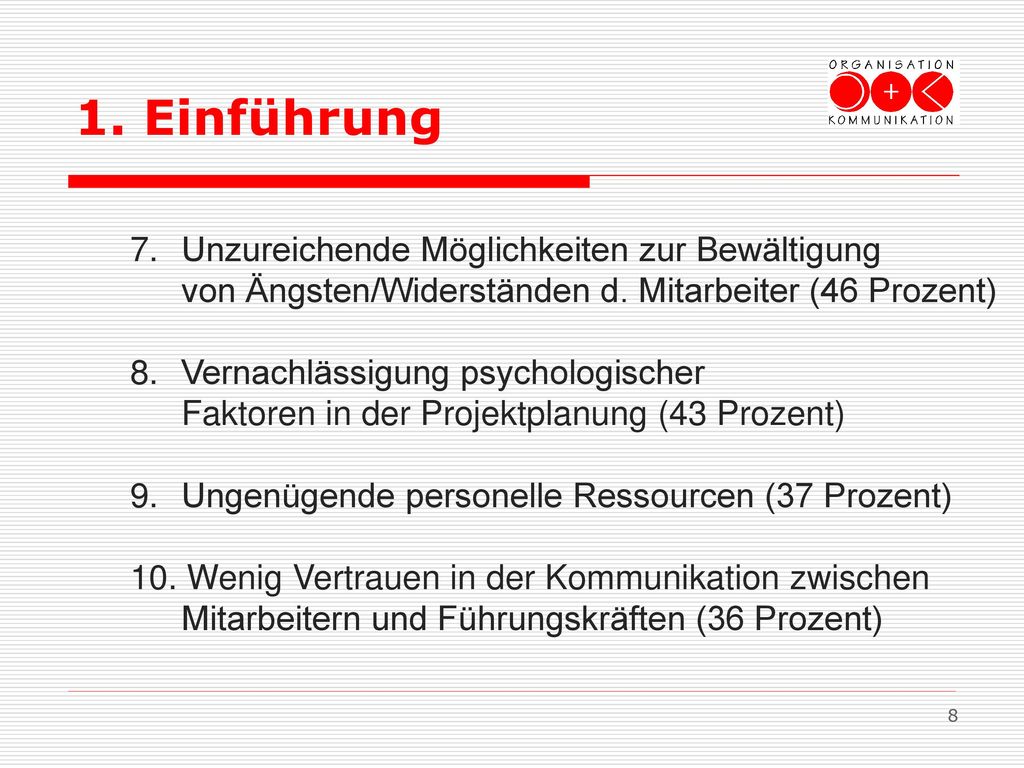 1. Einführung 7. Unzureichende Möglichkeiten zur Bewältigung von Ängsten/Widerständen d. Mitarbeiter (46 Prozent)
