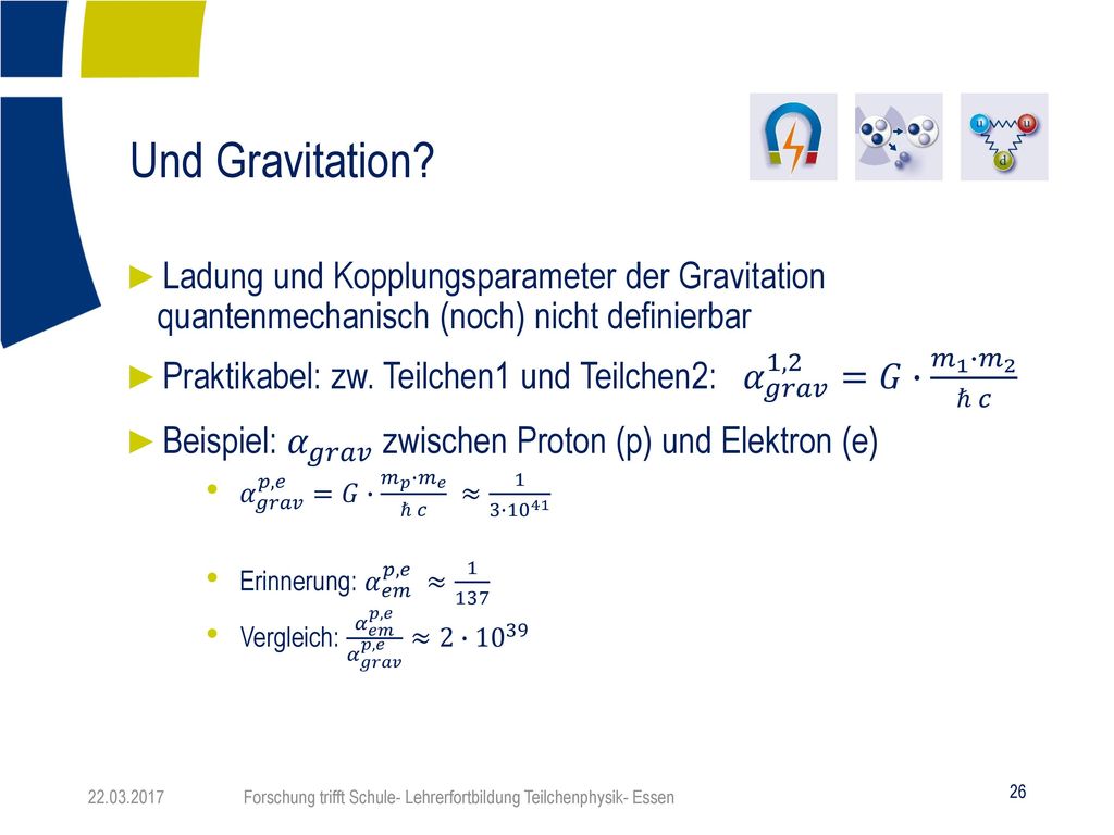 Und Gravitation Ladung und Kopplungsparameter der Gravitation quantenmechanisch (noch) nicht definierbar.