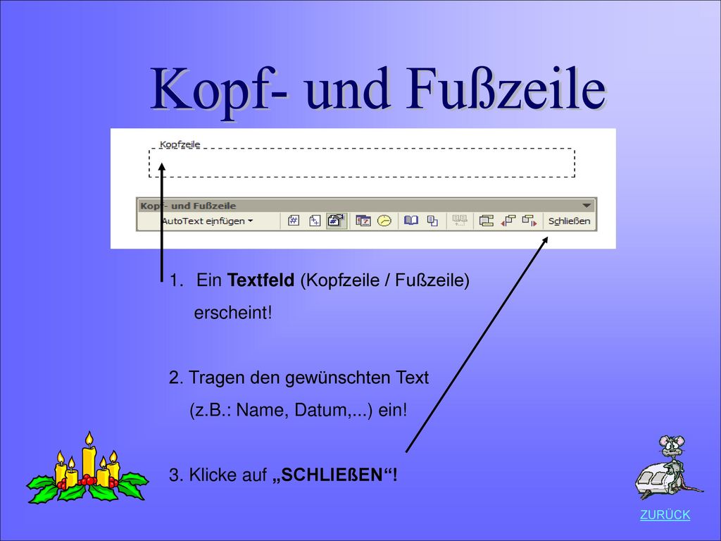 Datei speichern Kopf- und Fußzeile Ein Textfeld (Kopfzeile / Fußzeile)