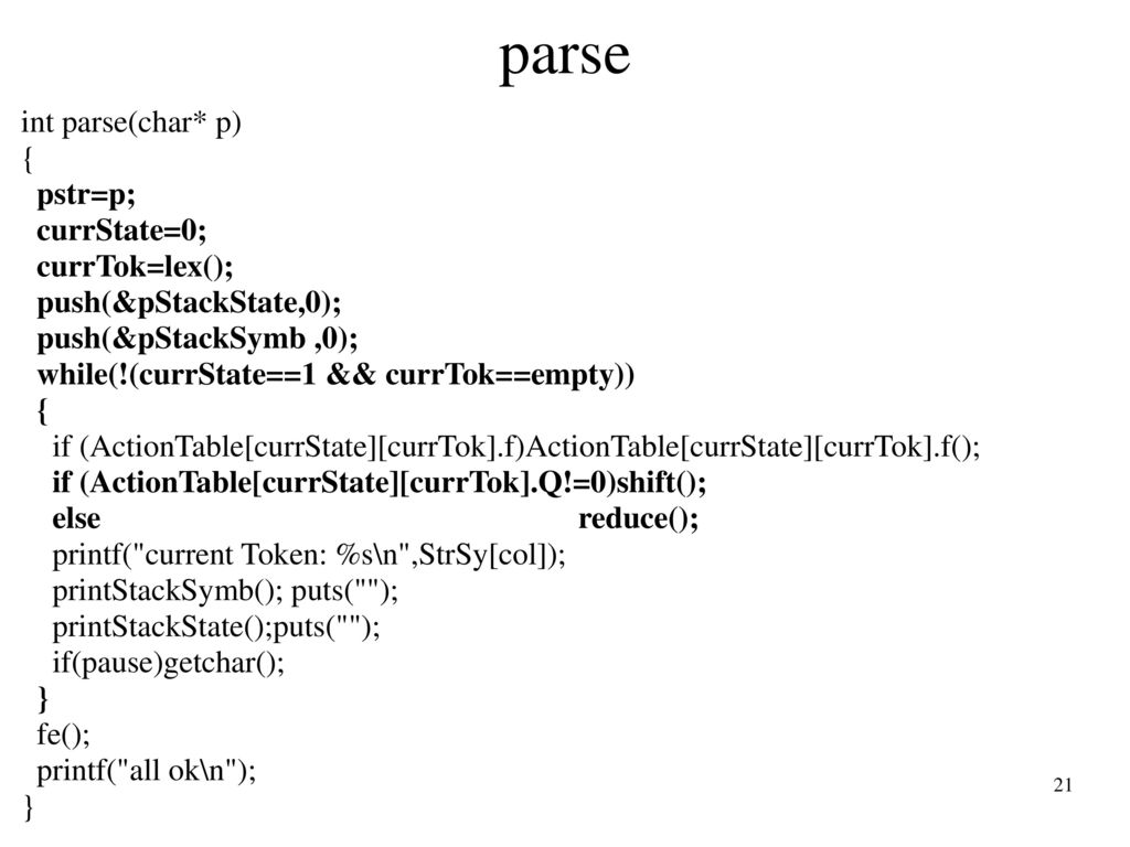 Operation reduce void reduce() { char left; // left side of the rule