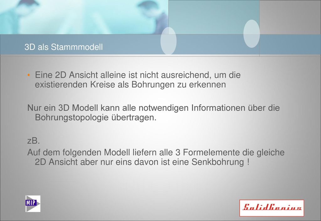 3D als Stammmodell Eine 2D Ansicht alleine ist nicht ausreichend, um die existierenden Kreise als Bohrungen zu erkennen.