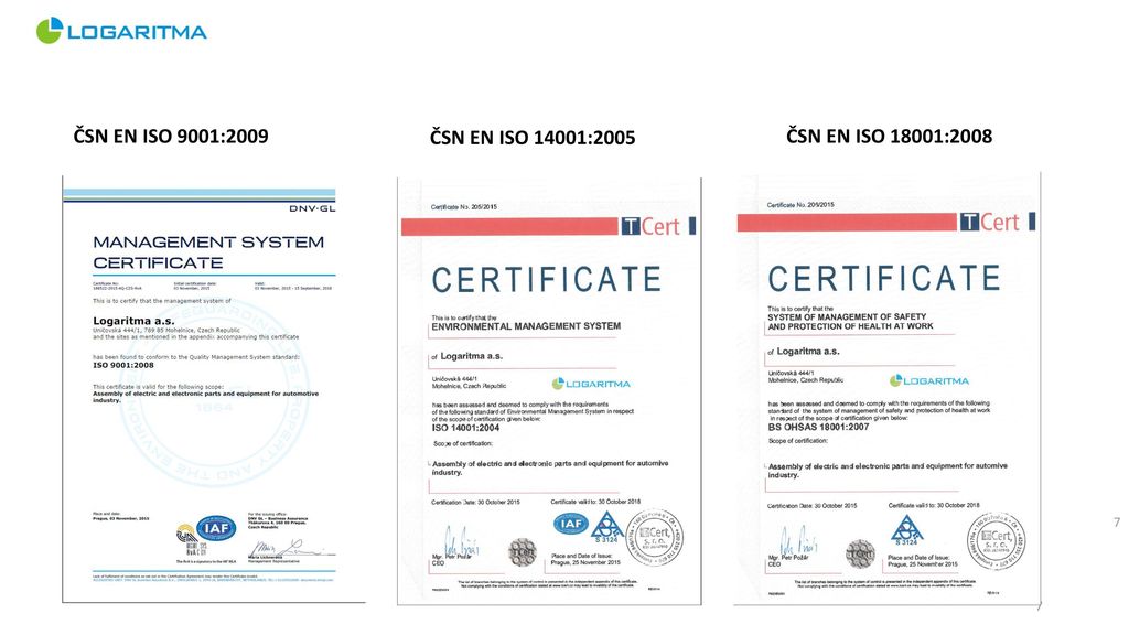 ČSN EN ISO 9001:2009 ČSN EN ISO 14001:2005 ČSN EN ISO 18001:2008 7
