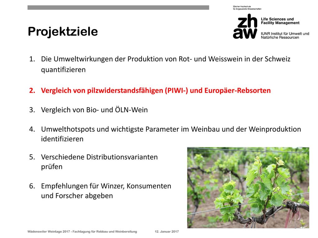 Projektziele Die Umweltwirkungen der Produktion von Rot- und Weisswein in der Schweiz quantifizieren.