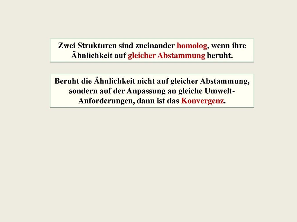 Zwei Strukturen sind zueinander homolog, wenn ihre Ähnlichkeit auf gleicher Abstammung beruht.