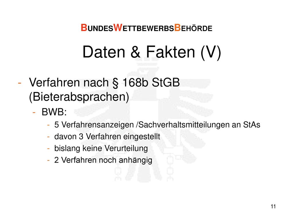 Daten & Fakten (V) Verfahren nach § 168b StGB (Bieterabsprachen)