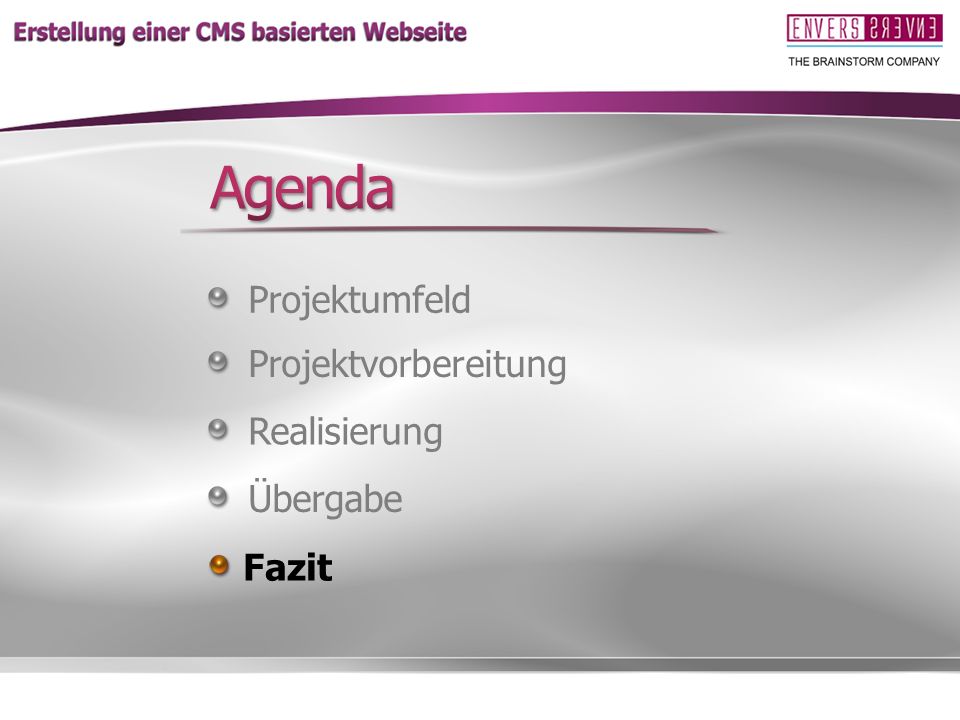 Agenda Projektumfeld. Projektvorbereitung. Realisierung. und zum Schluss gebe ich noch ein kurzes persönliches Fazit zum Verlauf meines Projekts.