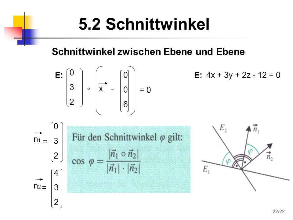 5.2 Schnittwinkel Schnittwinkel zwischen Ebene und Ebene 3 2 E: 6 E: