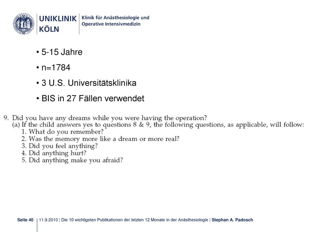 5-15 Jahre n= U.S. Universitätsklinika BIS in 27 Fällen verwendet