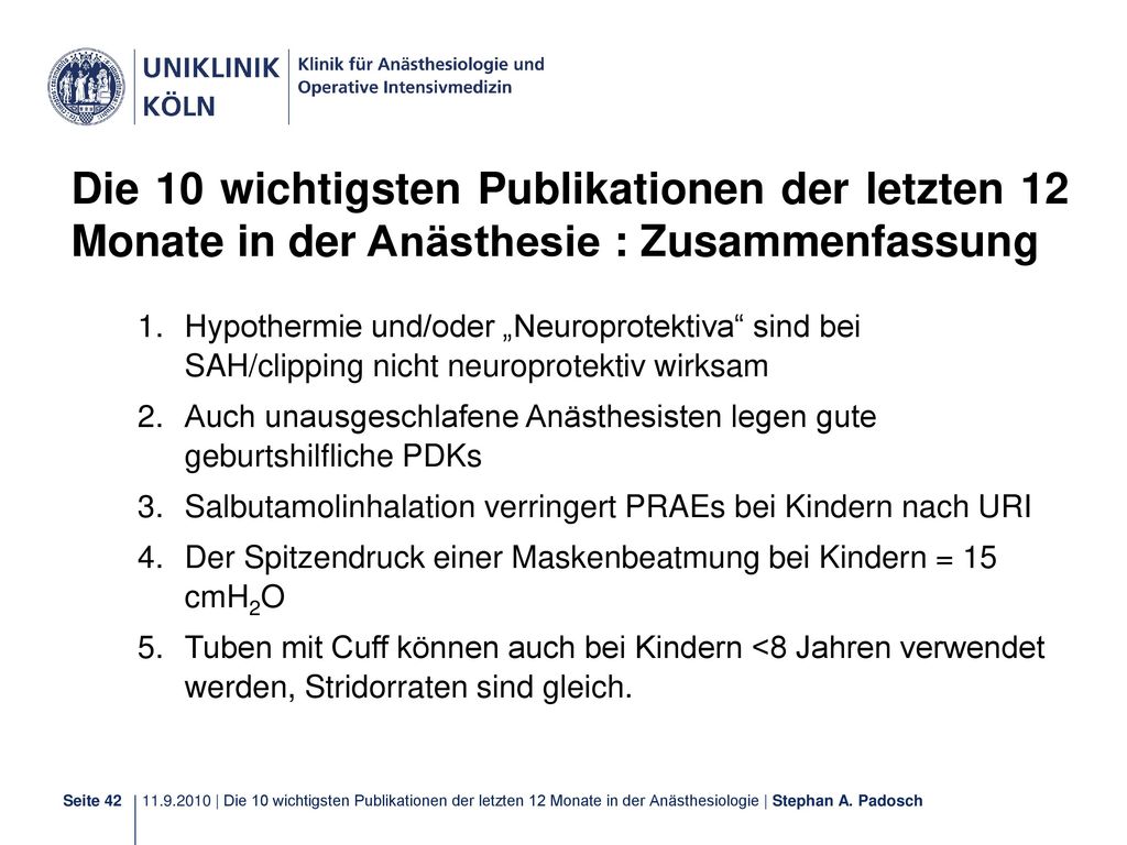 Die 10 wichtigsten Publikationen der letzten 12 Monate in der Anästhesie : Zusammenfassung