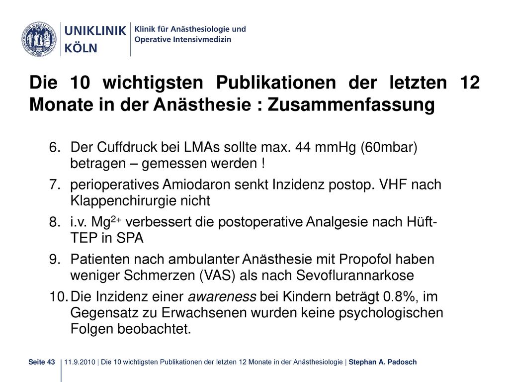 Die 10 wichtigsten Publikationen der letzten 12 Monate in der Anästhesie : Zusammenfassung