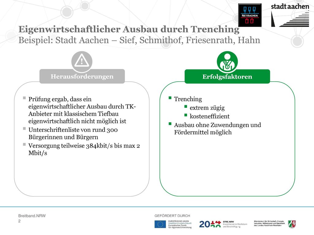 Eigenwirtschaftlicher Ausbau durch Trenching Beispiel: Stadt Aachen – Sief, Schmithof, Friesenrath, Hahn