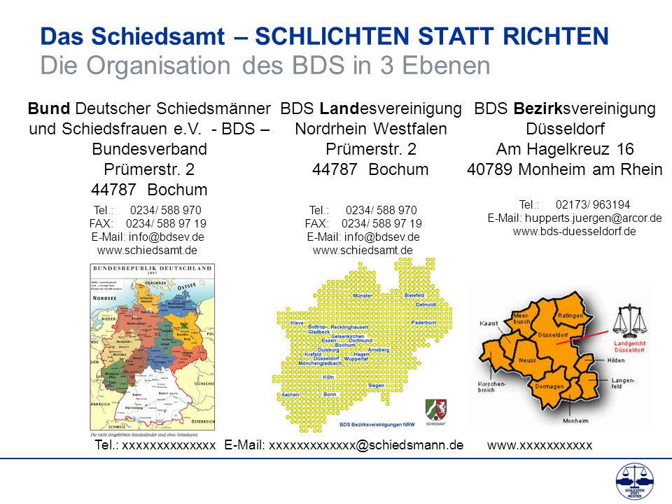 Das Schiedsamt – SCHLICHTEN STATT RICHTEN Die Organisation des BDS in 3 Ebenen