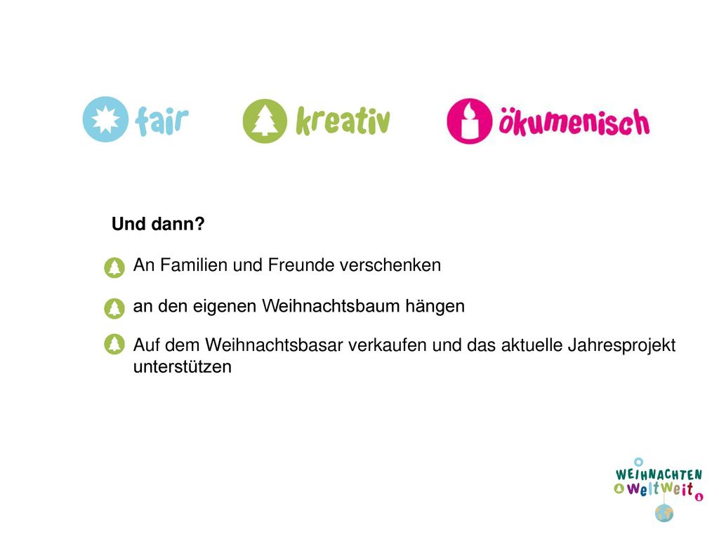 Und dann An Familien und Freunde verschenken. an den eigenen Weihnachtsbaum hängen.