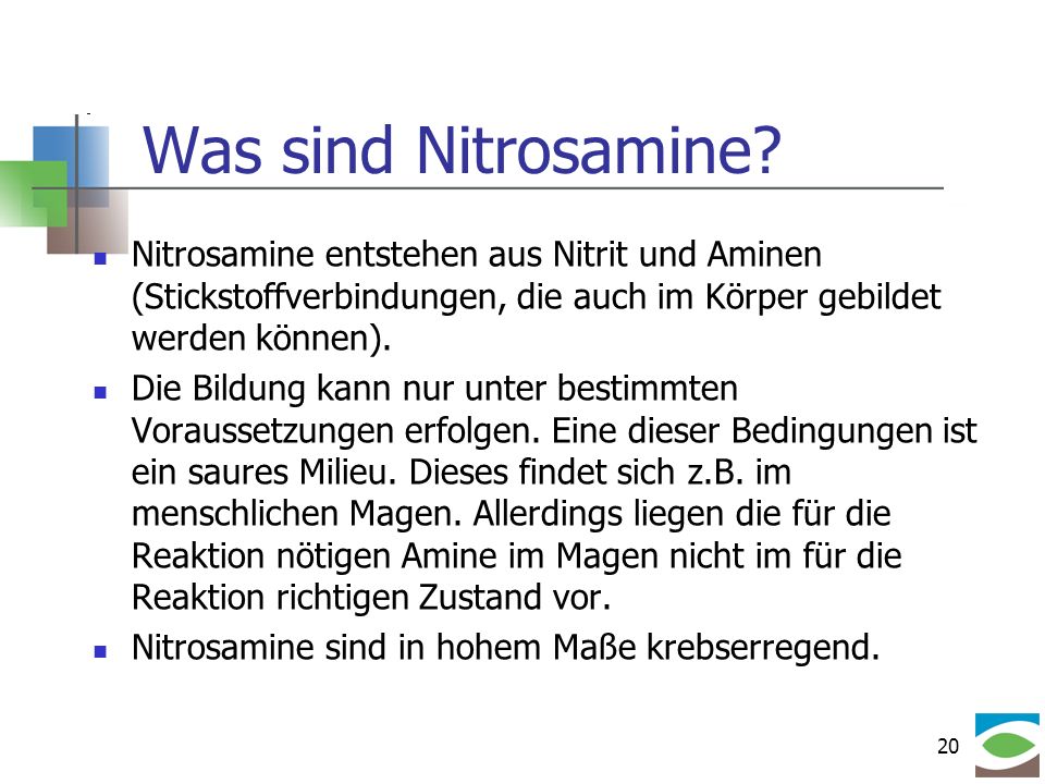 Was sind Nitrosamine Nitrosamine entstehen aus Nitrit und Aminen (Stickstoffverbindungen, die auch im Körper gebildet werden können).