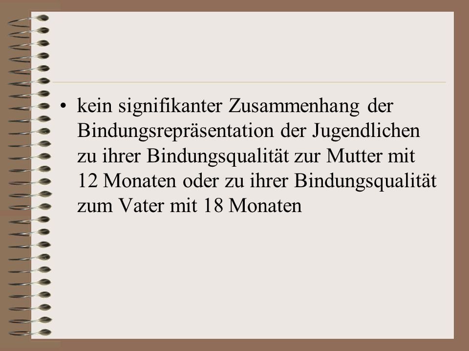 kein signifikanter Zusammenhang der Bindungsrepräsentation der Jugendlichen zu ihrer Bindungsqualität zur Mutter mit 12 Monaten oder zu ihrer Bindungsqualität zum Vater mit 18 Monaten