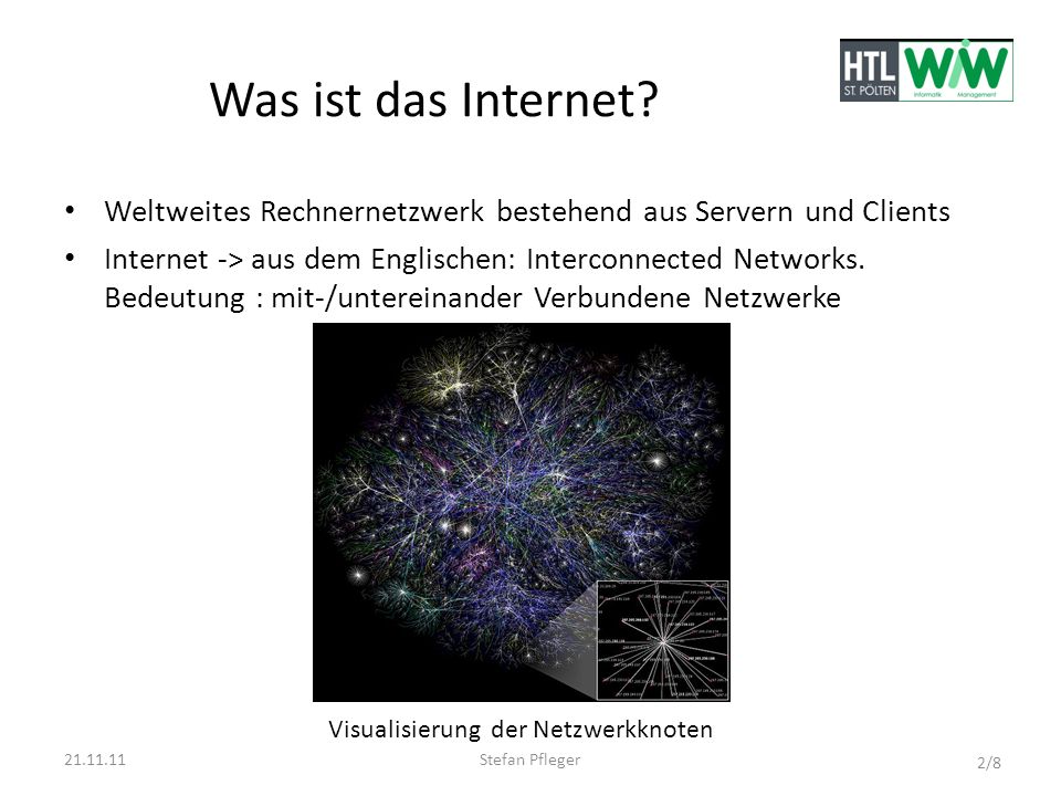 Was ist das Internet Weltweites Rechnernetzwerk bestehend aus Servern und Clients.