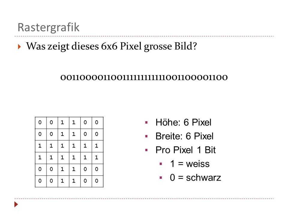 Rastergrafik Was zeigt dieses 6x6 Pixel grosse Bild Höhe: 6 Pixel.