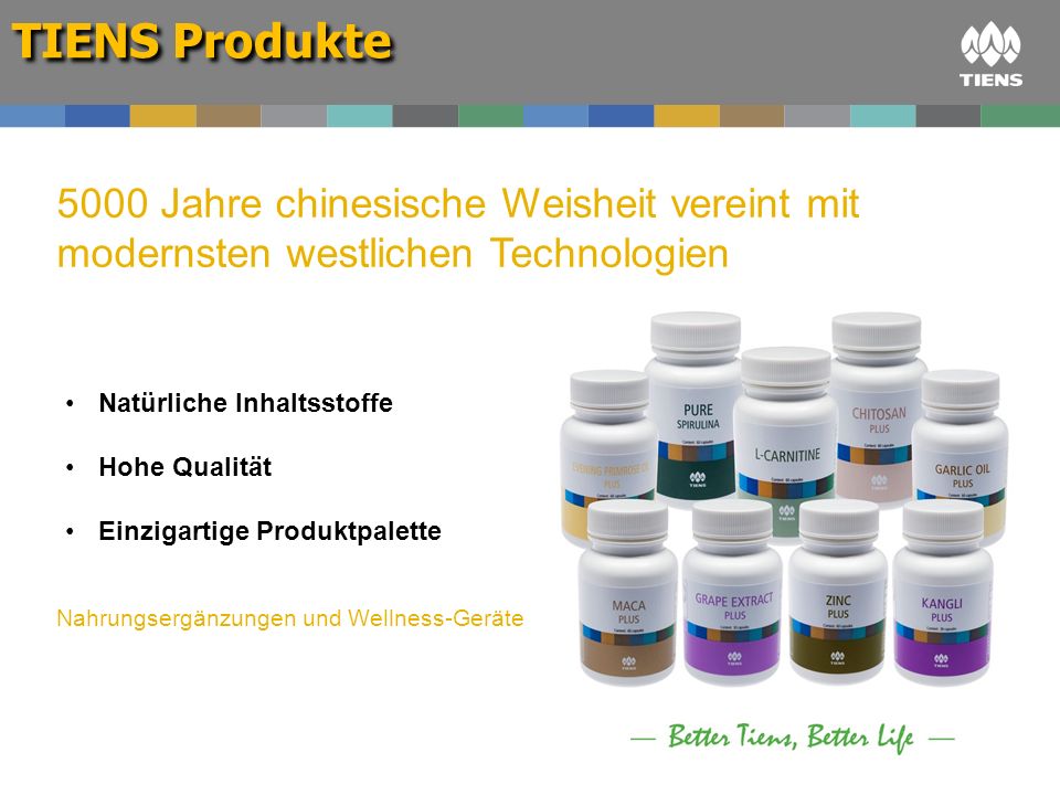 TIENS Produkte 5000 Jahre chinesische Weisheit vereint mit modernsten westlichen Technologien. Natürliche Inhaltsstoffe.