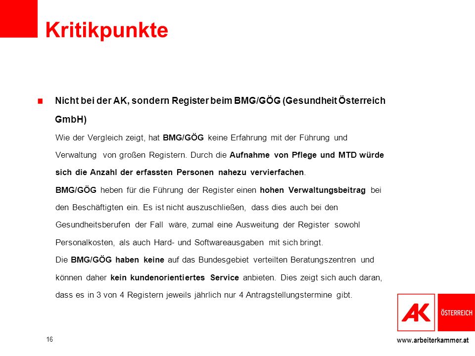 Kritikpunkte Nicht bei der AK, sondern Register beim BMG/GÖG (Gesundheit Österreich GmbH)
