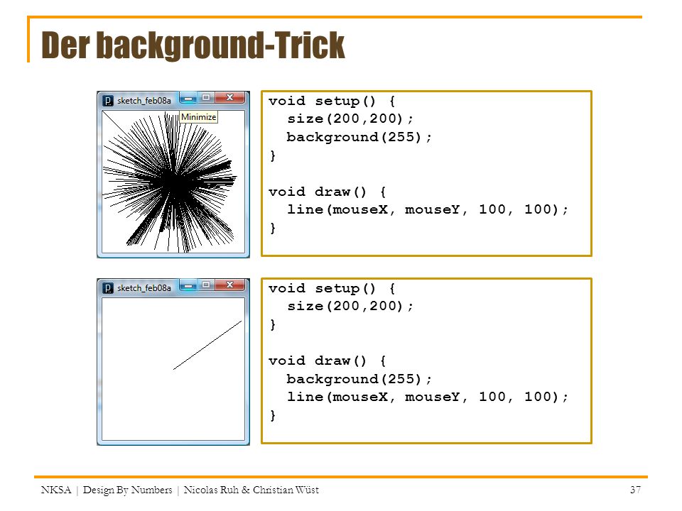 Der background-Trick void setup() { size(200,200); background(255); } void draw() { line(mouseX, mouseY, 100, 100);