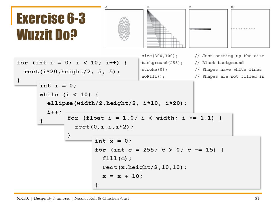 Exercise 6-3 Wuzzit Do for (int i = 0; i < 10; i++) {