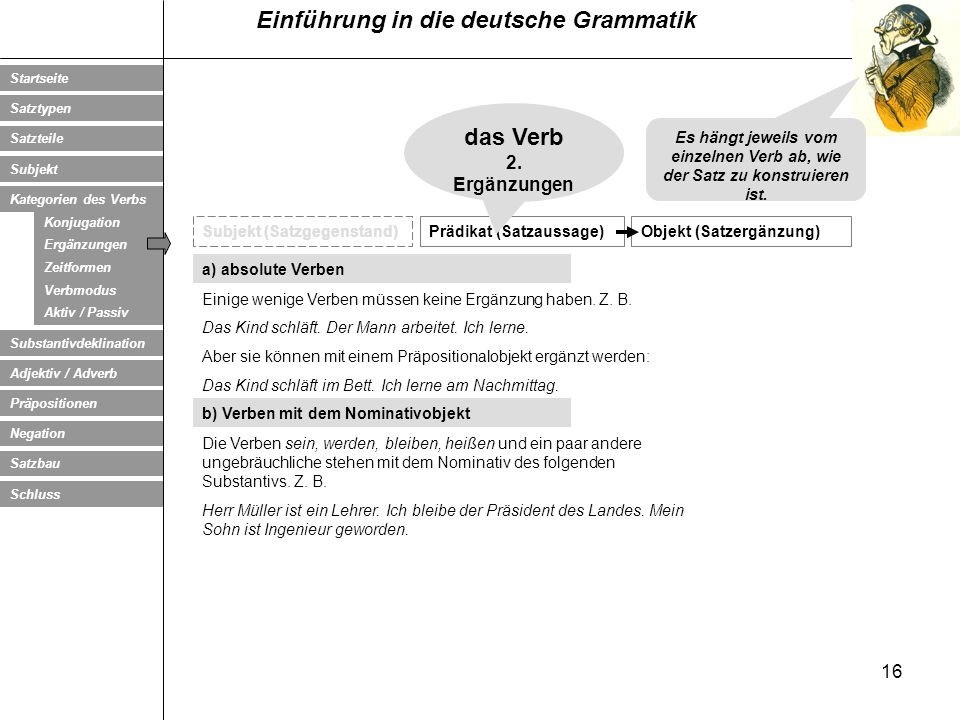 das Verb 2. Ergänzungen. Es hängt jeweils vom einzelnen Verb ab, wie der Satz zu konstruieren ist.