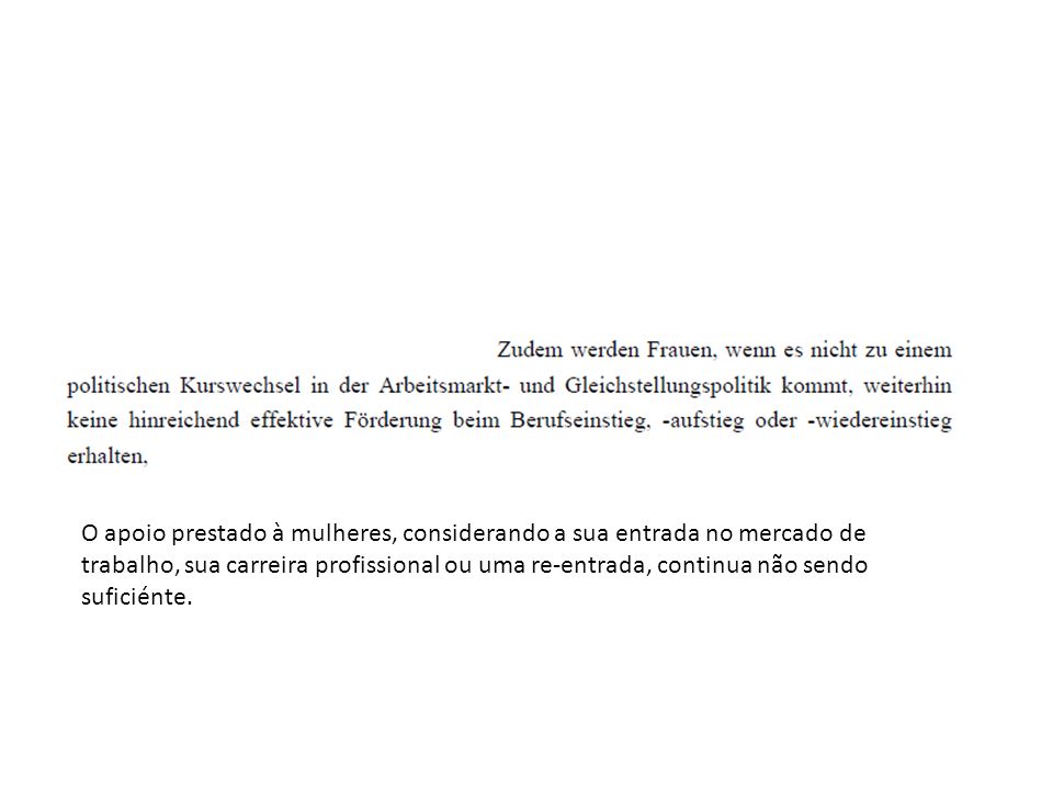 O apoio prestado à mulheres, considerando a sua entrada no mercado de trabalho, sua carreira profissional ou uma re-entrada, continua não sendo suficiénte.