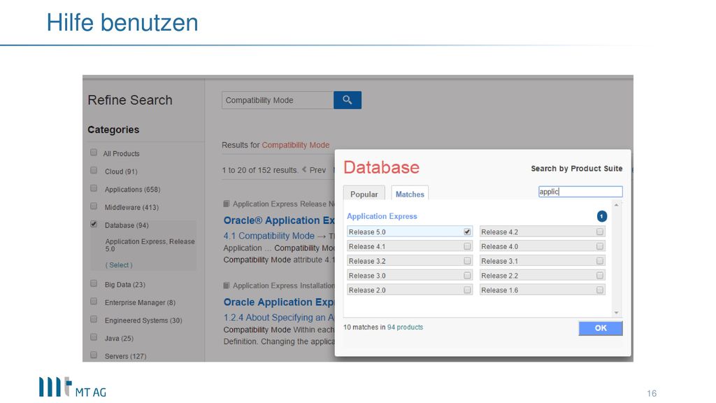Hilfe benutzen APEX im Bereich Database Suche nach Application ….