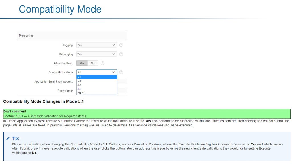 Compatibility Mode Clientseitige Validierung (wie im Interactive Grid) nur über Comaptibility Mode 5.1.