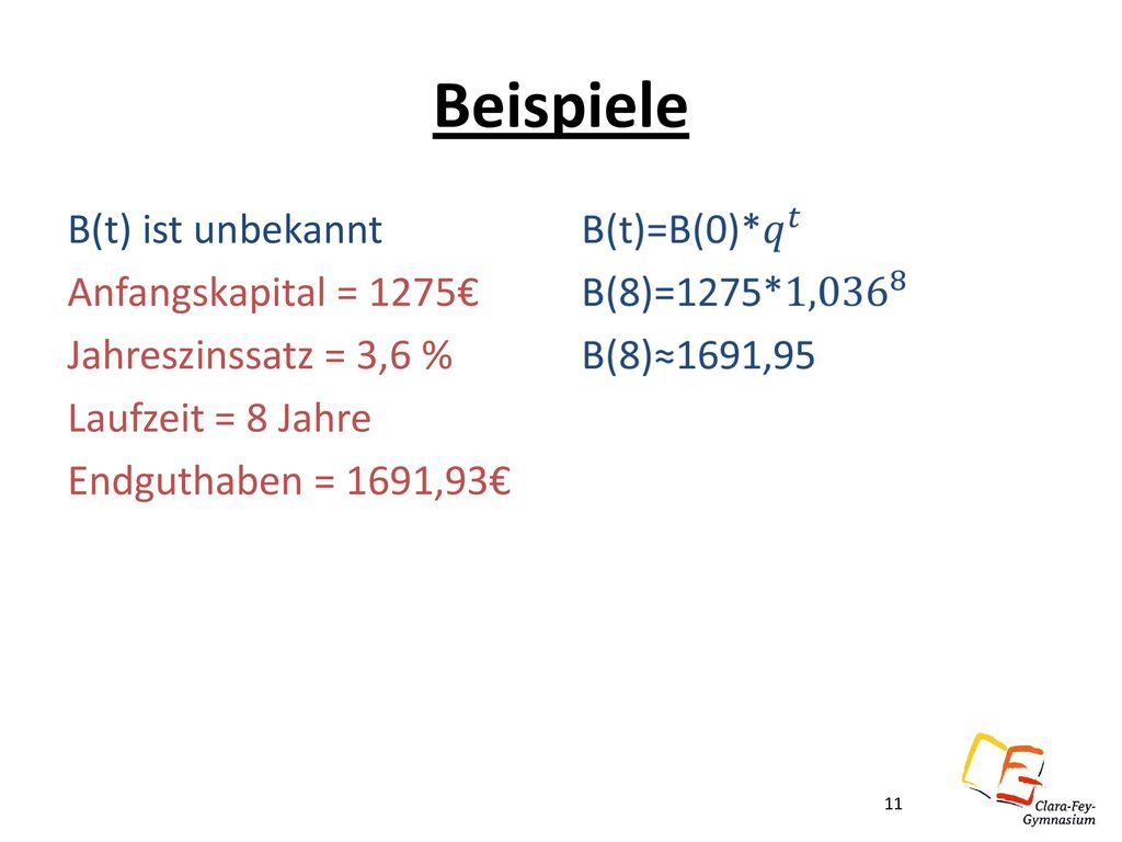 Beispiele B(t) ist unbekannt Anfangskapital = 1275€ Jahreszinssatz = 3,6 % Laufzeit = 8 Jahre Endguthaben = 1691,93€