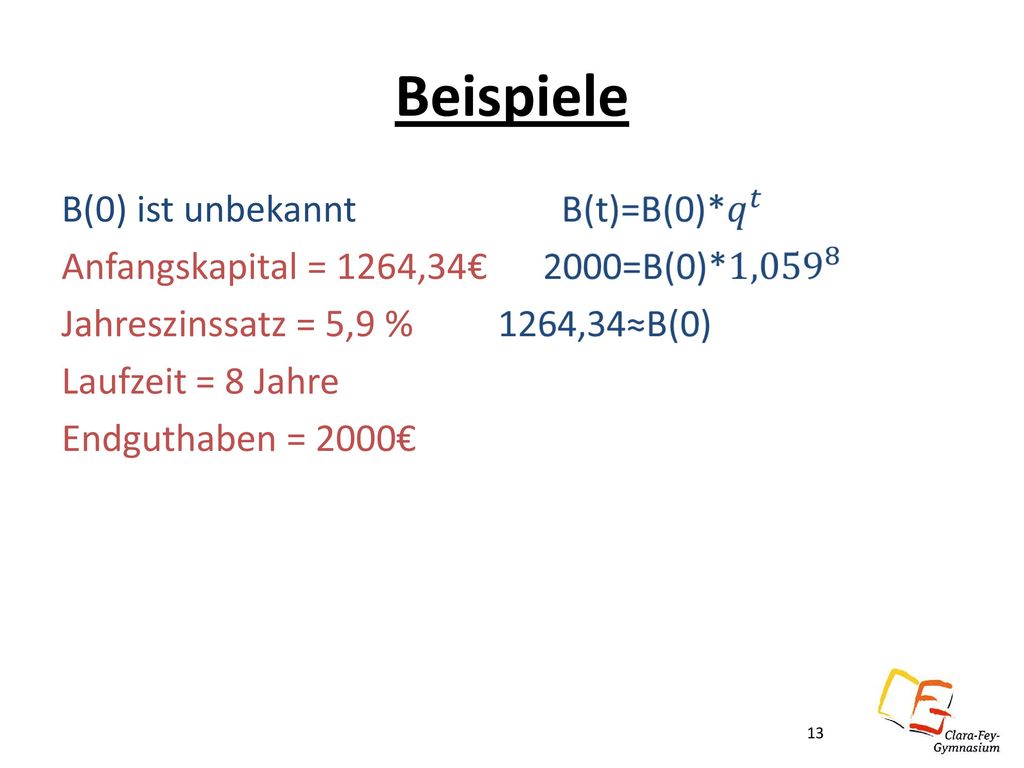 Beispiele B(0) ist unbekannt Anfangskapital = 1264,34€ Jahreszinssatz = 5,9 % Laufzeit = 8 Jahre Endguthaben = 2000€