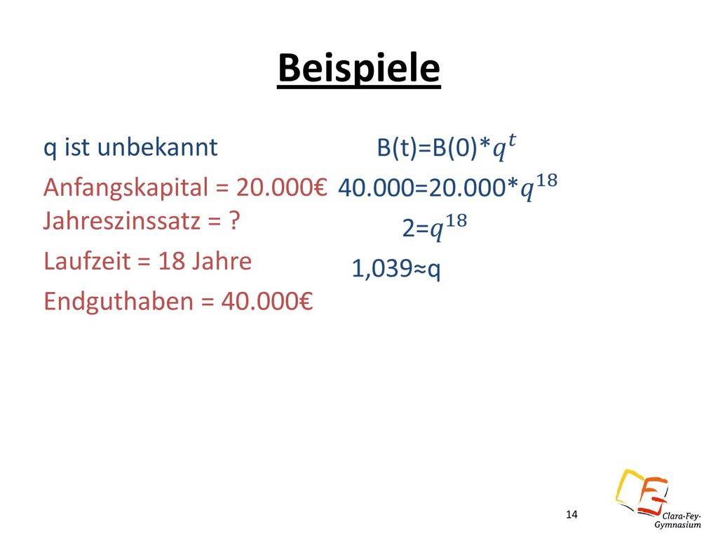 Beispiele q ist unbekannt Anfangskapital = € Jahreszinssatz = Laufzeit = 18 Jahre Endguthaben = €