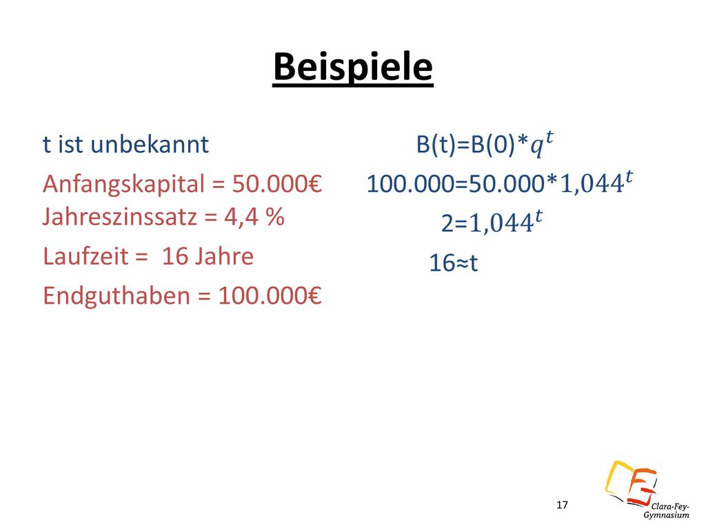 Beispiele t ist unbekannt Anfangskapital = € Jahreszinssatz = 4,4 % Laufzeit = 16 Jahre Endguthaben = €