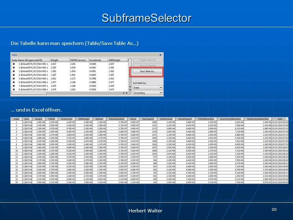 SubframeSelector Die Tabelle kann man speichern (Table/Save Table As…)