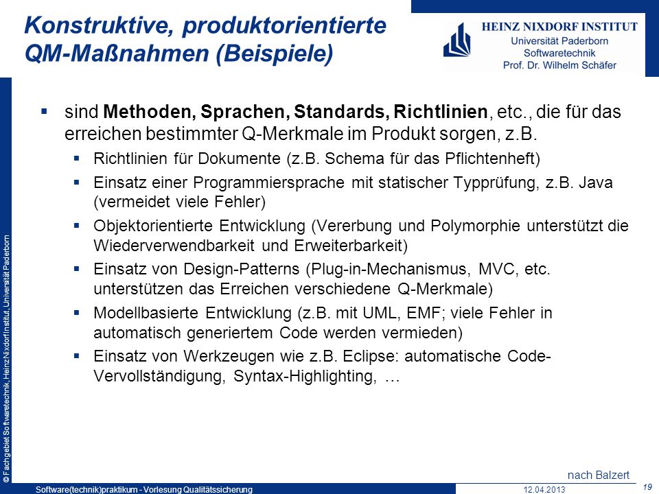 Konstruktive, produktorientierte QM-Maßnahmen (Beispiele)