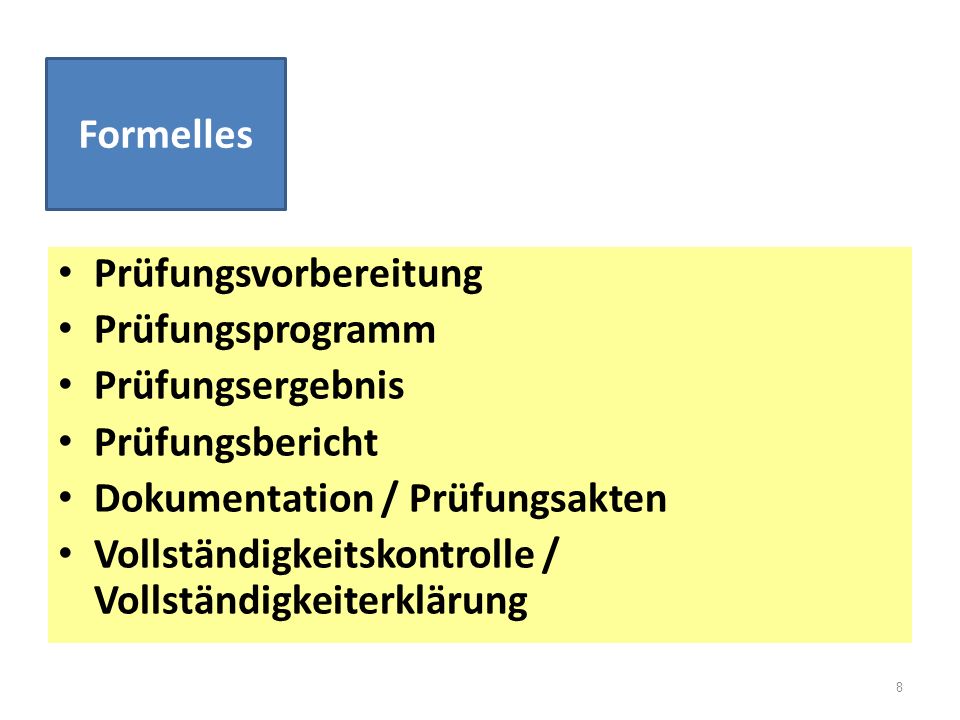 Formelles Prüfungsvorbereitung. Prüfungsprogramm. Prüfungsergebnis. Prüfungsbericht. Dokumentation / Prüfungsakten.