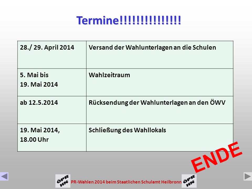 Termine!!!!!!!!!!!!!!! 28./ 29. April Versand der Wahlunterlagen an die Schulen. 5. Mai bis.