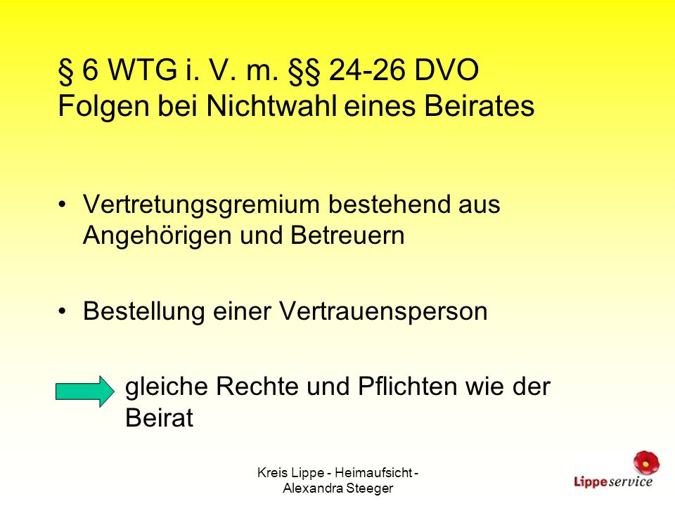 § 6 WTG i. V. m. §§ DVO Folgen bei Nichtwahl eines Beirates