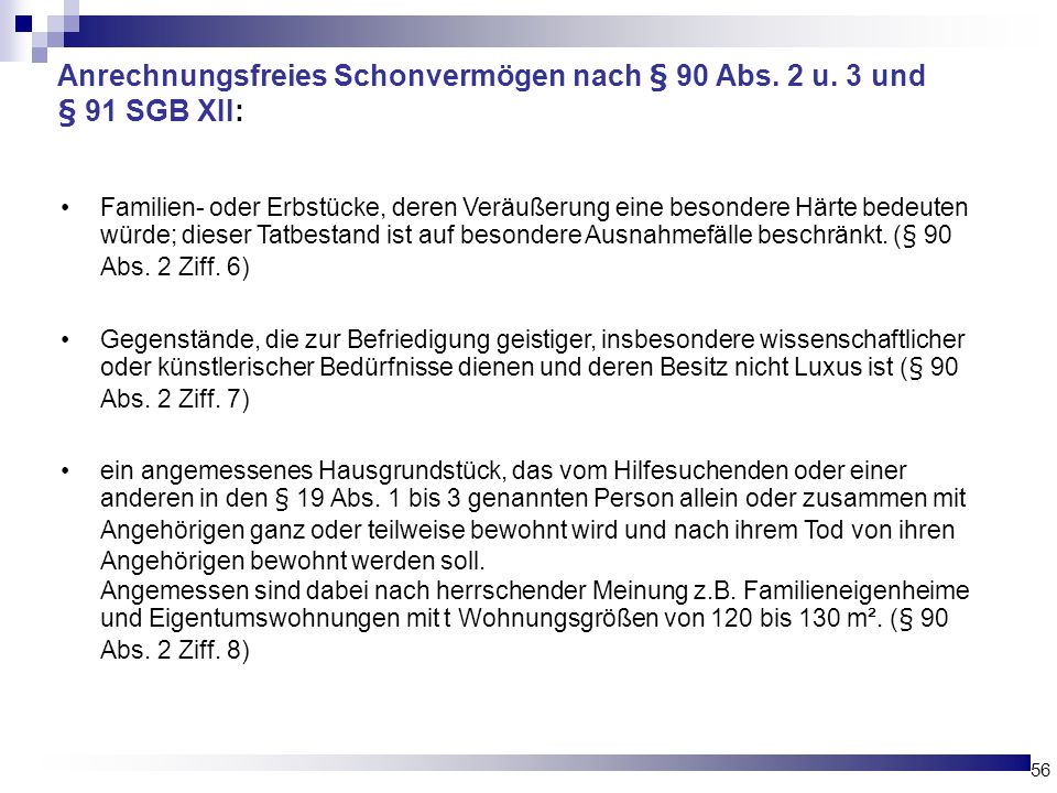 Anrechnungsfreies Schonvermögen nach § 90 Abs. 2 u. 3 und § 91 SGB XII:
