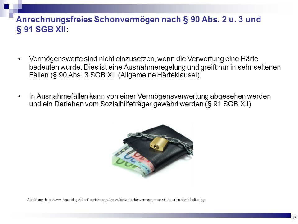 Anrechnungsfreies Schonvermögen nach § 90 Abs. 2 u. 3 und § 91 SGB XII: