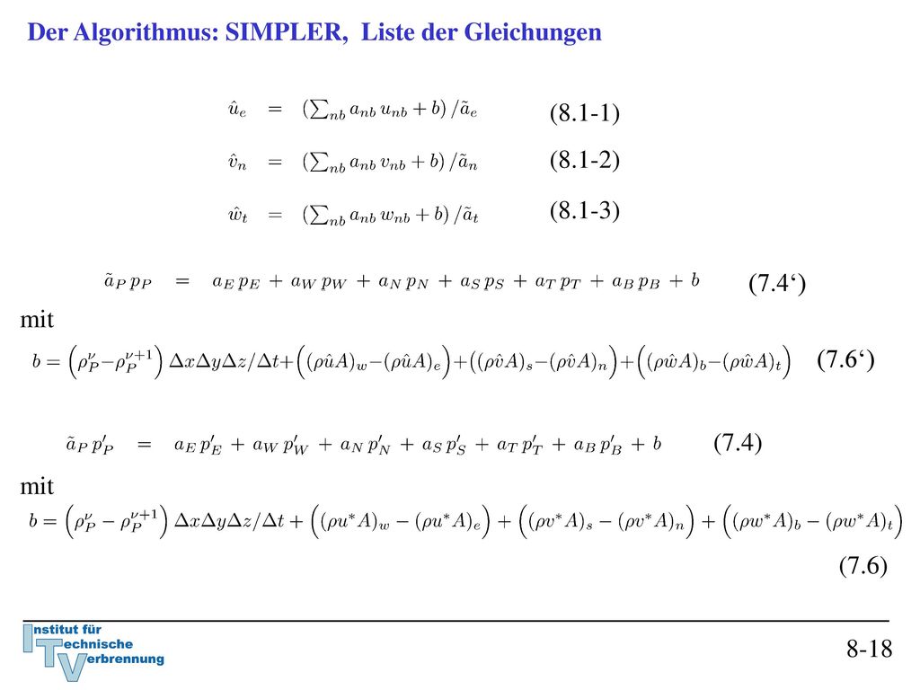 Der Algorithmus: SIMPLER, Liste der Gleichungen