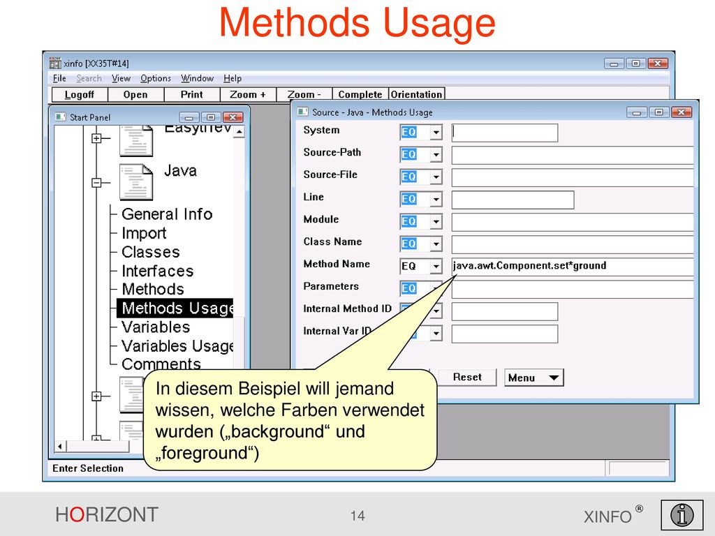 Methods Usage In diesem Beispiel will jemand wissen, welche Farben verwendet wurden („background und „foreground )