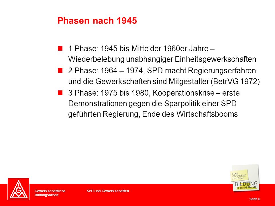Phasen nach Phase: 1945 bis Mitte der 1960er Jahre – Wiederbelebung unabhängiger Einheitsgewerkschaften.
