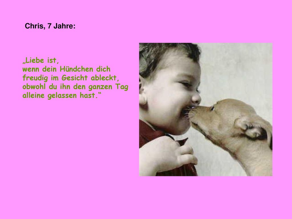 Chris, 7 Jahre: „Liebe ist, wenn dein Hündchen dich freudig im Gesicht ableckt, obwohl du ihn den ganzen Tag alleine gelassen hast.